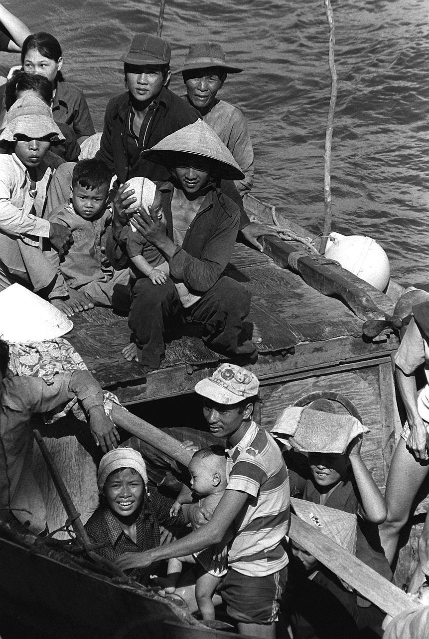 Home boat, fishing boat, people, vietnamese refugees, sea, rescue, uss blue ridge, ocean, men, women, babies, 8 days adrift, vietnam, distress, nature, victims